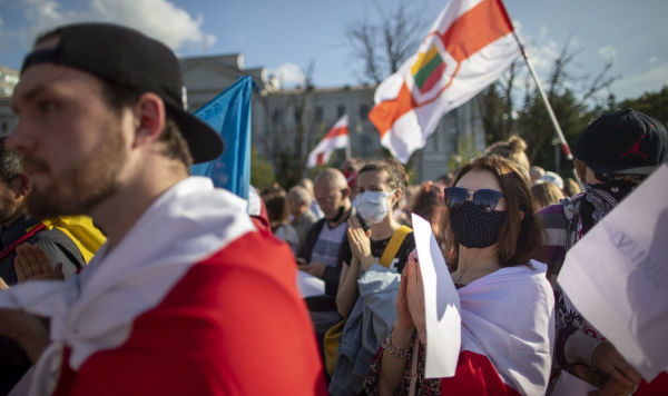 Демонстрация, посвященной годовщине протестов в Беларуси, на площади Лукишкес в Вильнюсе, Литва, 9 августа 2021 года