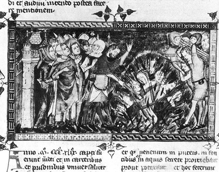 Изображение еврейского погрома 1349 года во фламандской хронике Antiquitates Flandriae